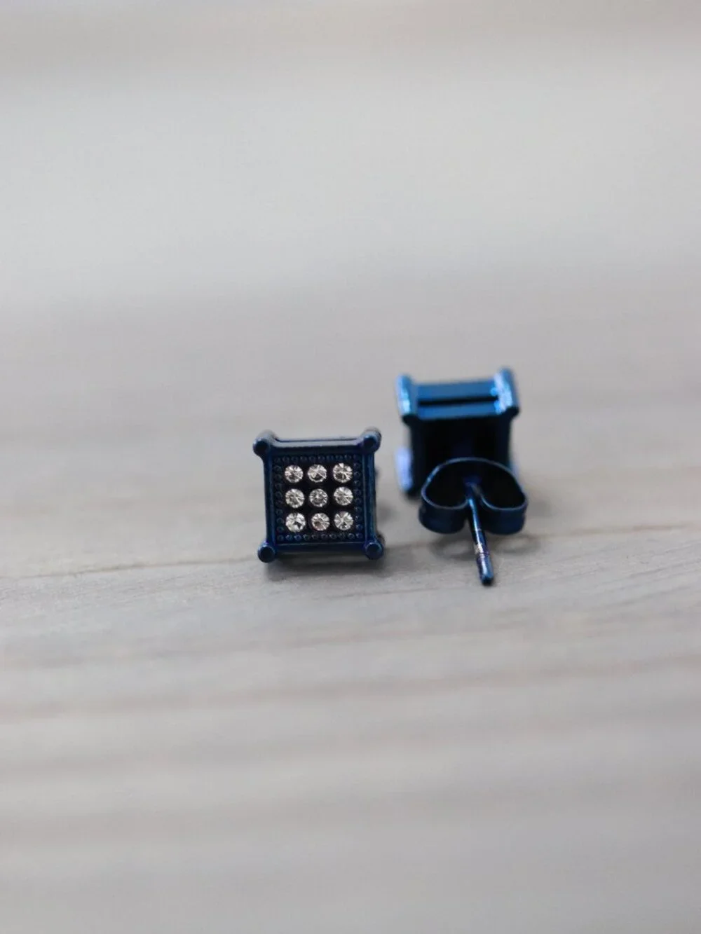 7mm Square CZ Micro Pave Style 4-Prong Stud Earrings Blue Stainless Steel